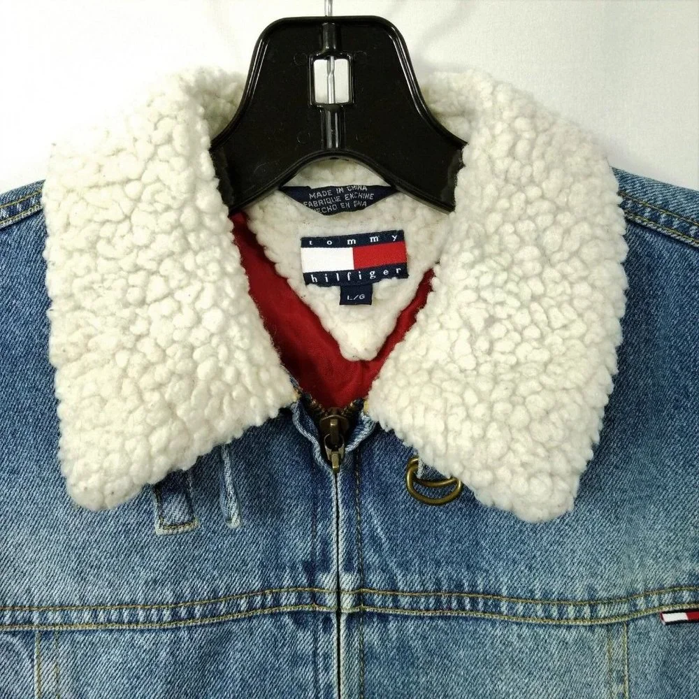 Tommy Hilfiger Kids Vintage Denim Jacket Blue Sz L Faux Sherpa Collar Cuffs Logo - Picture 13 of 13